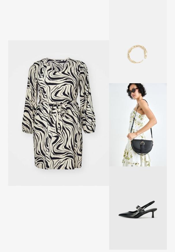 Kortärmad klänning i en krämfärgad och svart virvlande zebramönster, med en bältesmidja och en rundad halsringning. Strukturert tyg.; Svarta patentläder slingback-klackar med spetsig tå och en liten blockklack, med en silvrig spänneaccent på remmen.; Svart läderhandväska med en böjd form, avtagbar rem och guldiga detaljer. Väskan har ett lock med en spänndetalj.; Ring i guldutförande med en organisk, vriden design, slät yta och avsmalnande ändar, vilket ger ett modernt, skulpturalt utseende.