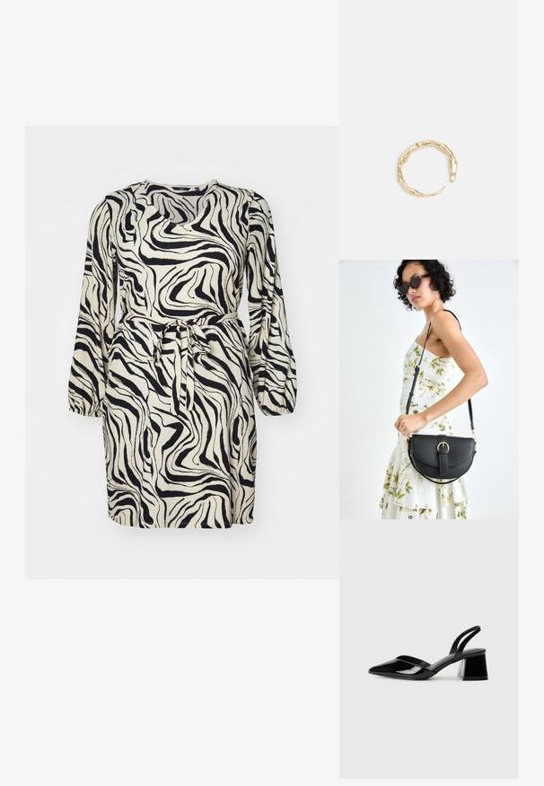 Trumpas rankovėmis sukurtas suknelė grietinėlės ir juodų sukasi zebrų raštu, su diržo juosta ir apvaliu iškirpimu. Tekstūruota medžiaga.; Juodos lakuotos odinės šlepetės su smailiu pirštu ir geometriniu bloko kulnu. Turi elegantišką, minimalistinį dizainą ir lygų paviršių.; Juodas odinis krepšys su išlenkta forma, nuimamu dirželiu ir auksiniais detalėmis. Krepšys turi kilpą su sagtimi.; Auksinės spalvos žiedas, turintis organišką, sukimosi dizainą su lygiu paviršiumi ir siaurėjančiais galais, sukuriantis modernią skulptūrinę išvaizdą.