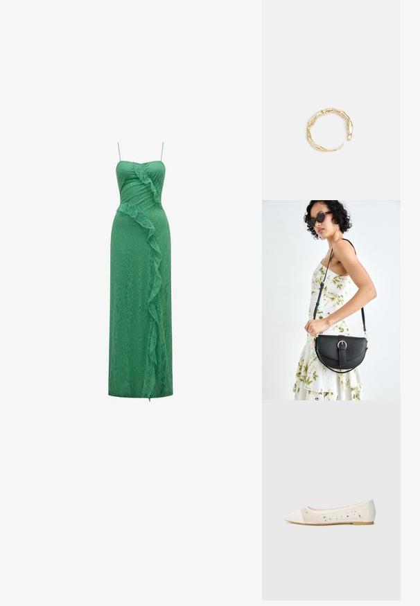 Forever New MAYBELLE RUFFLE - Kokteiļkleita/ballīšu kleita - green spruce; Krēmsādas apavi ar pointēto pirkstu un caurspīdīgu augšdaļu, apkaisa ar izkaisītiem rhinestones. Mīksta zole ērta valkāšanai, minimālisma dizains.; Melnas ādas rokassoma ar izliekta formu, noņemamu siksnu un zelta aksesuāriem. Somai ir vāciņš ar sprādzes detaļu.; Zelta toņa gredzens ar organisku, vērptu dizainu, gludu virsmu un sašaurinātiem galiem, radot mūsdienīgu, skulpturālu izskatu.