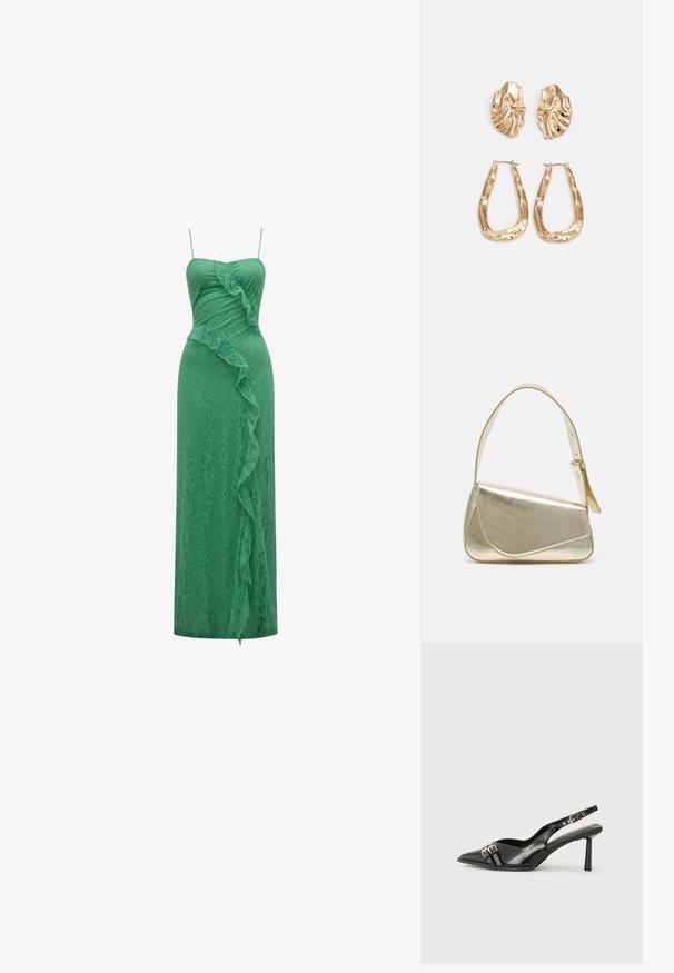 Forever New MAYBELLE RUFFLE - Koktailové šaty/večierkové šaty - green spruce; Čierne lakované kožené slingback topánky s špicatou špičkou, remienkami okolo členku s striebornými prackami a hardvérom, a štíhlým podpätkom.; Zlatá metalická kabelka so štruktúrovaným dizajnom, hladkou textúrou a nastaviteľným popruhom. Obsahuje jedinečný trojuholníkový tvar a minimalistické šitie.; Náušnice v zlatej farbe s textúrovanými, vlnitými tvarmi. Obsahujú sochárske klipsové náušnice a otvorený tvar krúžku s kladivkovým povrchom.