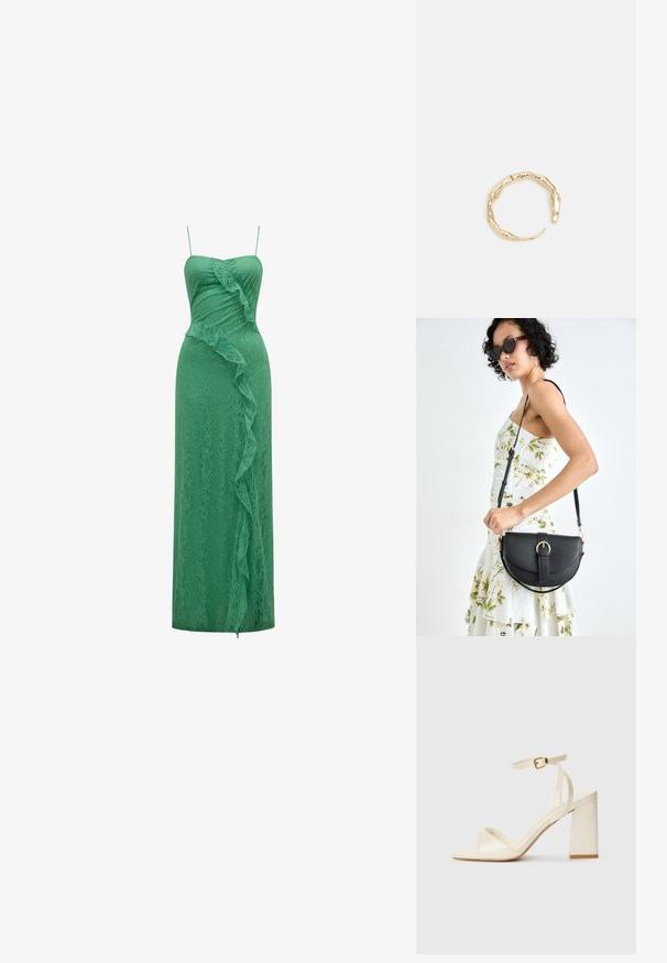 Forever New MAYBELLE RUFFLE - Koktajl obleka/za zabavo - green spruce; Sandali s peto v kremni barvi, z odprtim prstom, debelim blokastim petam, tankim gležnjarjem in subtilnim sijajem. Zaponka na traku.; Črna usnjena torbica s ukrivljeno obliko, z odstranljivo naramnico in zlatimi dodatki. Torbica ima pokrov s podrobnostmi v obliki zaponke.; Zlati prstan s organskim, zvitim dizajnom, gladko površino in taperiranimi konci, ki ustvarja modernega, skulpturalnega videza.