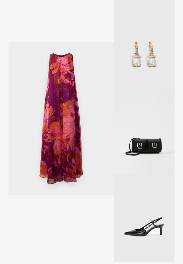 Dolge obleke brez rokavov iz prozorne tkanine s cvetličnim vzorcem v roza, oranžnih in temno vijoličnih odtenkih; ohlapna, leprša silhueta.; Črne lakaste slingback pete s koničastim nosom, ki imajo teksturiran vzorec kačje kože, nastavljiv trak in kratek teksturiran blok peto.; Črna usnjena torbica čez ramo z dvema sprednjima žepoma, zlatimi zaponkami, zadrgo in ozkim pasom. Tekstura površine je strukturirana, obliko pa ima kompaktno pravokotno.; Zlato obarvani uhani, ki vsebujejo pravokoten, prozoren kristal, obešen pod vrsto majhnih, okroglih prozornih dodatkov. Elegantna, moderna zasnova.