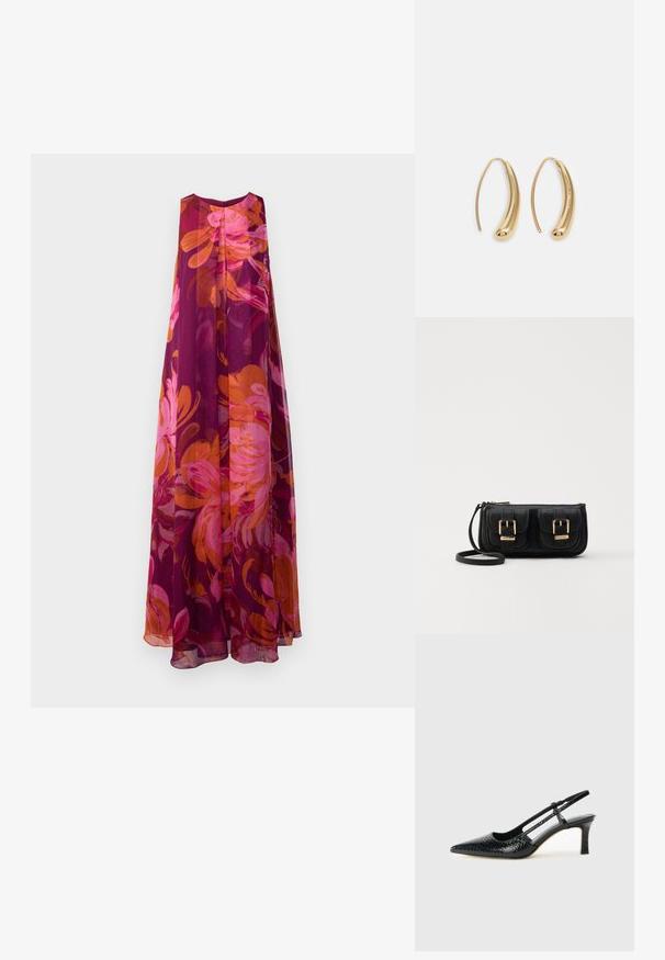 Long, sleeveless dress in sheer fabric with a floral pattern in pink, orange, and deep purple hues; loose, flowing silhouette.; Black patent slingback heel with a pointed toe, featuring textured snake print, adjustable strap, and a short, textured block heel.; Black leather crossbody bag with two front pockets, gold buckles, zipper closure, and a slim strap. Textured surface and compact rectangular shape.; Gold-tone metal hoop earrings with a curved, elongated shape. Features a smooth, shiny surface and a rounded tip for added detail.