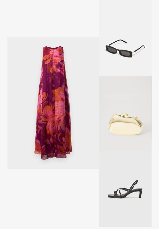 Duga, bezrukavna haljina od prozirnog materijala s cvjetnim uzorkom u ružičastim, narančastim i tamnoljubičastim tonovima; labav, lepršav kroj.; Crne sandale s trakama, kvadratnim prstom i niskom blok petom. Ima više tankih trakica i podesivu trakicu oko gležnja. Izrađene su od glatke kože.; Crne pravokutne sunčane naočale s tamnim lećama, sjajnim plastičnim okvirom i zlatnim akcentima na sljepoočnicama. Minimalistički dizajn i elegantan oblik.; Metalni zlatni clutch s glatkim, zaobljenim oblikom, s gornjim kopčom na dugme i malim lancem za nošenje.