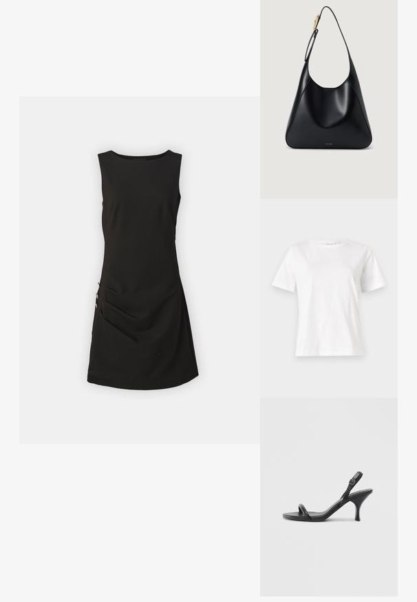 Vestido preto sem mangas feito de tecido suave, apresentando uma silhueta ajustada, detalhe de drapeado lateral e botões decorativos no quadril.; T-shirt de algodão branco com mangas curtas, decote redondo e um corte descontraído. Textura suave, sem padrões ou detalhes, design minimalista.; Sandálias de salto alto em couro preto com um salto curvado e fino e um design de tiras cruzadas. Correia ajustável no tornozelo. Textura suave.; Bolsa de ombro em couro preto com uma textura suave, silhueta curvada e um detalhe em metal dourado. Apresenta logótipo da marca em relevo na base.