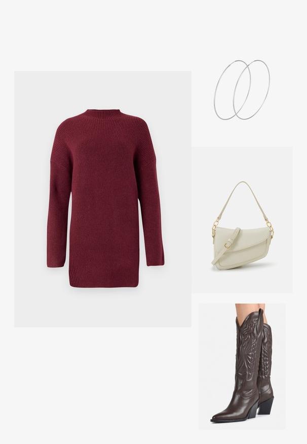 Burgundy knitted sweater with a high neckline, ribbed texture, long sleeves, and a relaxed fit, featuring dropped shoulders and a straight hem.; Brown leather cowboy boots with pointed toe and block heel, featuring detailed stitching and raised accents on the shaft.; Small cream handbag with a textured finish, a long adjustable strap, a chain accent, and a flap closure. Gold hardware detailing.; Silver hoop earrings with a minimalist design. Circular shape, smooth texture, and thin profile. Lightweight with a polished finish.