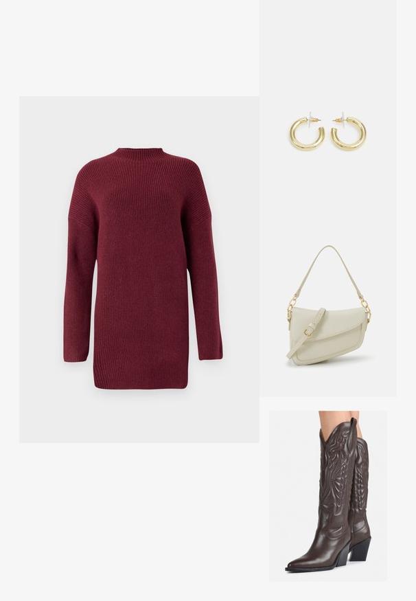 Burgundska pletena majica z visokim ovratnikom, rebrasto teksturo, dolgimi rokavi in sproščenim krojem, z nizkimi rameni in ravnim robom.; Rjave usnjene kavbojske čevlje z ostrim nosom in blok peto, ki vsebujejo podrobno šivanje in dvignjene dodatke na zgornjem delu.; Mala kremna torbica z teksturiranim zaključkom, dolgim nastavljivim trakom, verižnim poudarkom in zapiranjem na poklop. Detajli iz zlatega kovinskega materiala.; Zlate uhane v obliki obročkov z gladko, sijočo površino. Krožna zasnova s majhnim nosilcem in prozornim podplatom za varno nošenje.