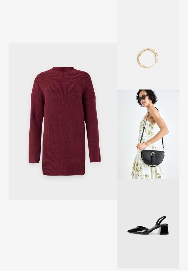 Burgunderrød strikket sweater med høj hals, ribbet tekstur, lange ærmer og en afslappet pasform, der har drop shoulder og lige kant.; Sorte patentlæder slingback hæle med spids tå og en geometrisk blok hæl. Har et elegant, minimalistisk design og en glat tekstur.; Sort læderhåndtaske med en buet form, aftagelig rem og guldfinish. Tasken har en klap med en spænde detalje.; Guld-tone ring med et organisk, snoet design, glat overflade og affasede ender, hvilket skaber et moderne, skulpturelt udseende.