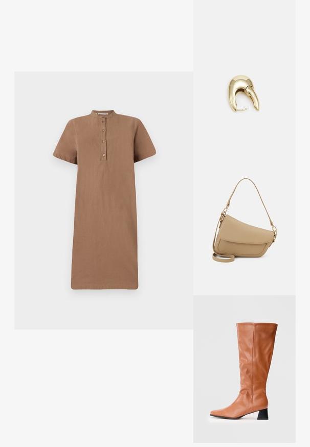 Hnědá krátká šatová sukně s stojáčkovým límečkem, zapínáním na knoflíky a rovný střih. Vyrobena z měkkého materiálu, s hladkým, beztexturovaným povrchem.; Vysoká hnědá kožená bota s nízkým černým blokovým podpatkem a mírně špičatou špičkou, zobrazena z boku na bílém pozadí.; Even&Odd Kabelka - beige; Náušnice ve zlatém tónu z kovu s elegantním zakřiveným designem. Vyznačují se jedinečným špičatým tvarem, lesklým povrchem a závěsem na kloub.