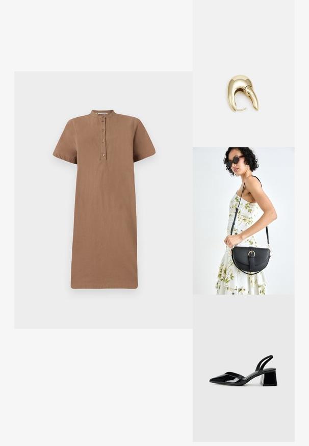 Ruda trumpa suknelė su standžiu apykakle, mygtukų užsegimu ir tiesiu siluetu. Pagaminta iš minkštos medžiagos, pasižymi lygiu, neapdorotu paviršiumi.; Juodos lakuotos odinės šlepetės su smailiu pirštu ir geometriniu bloko kulnu. Turi elegantišką, minimalistinį dizainą ir lygų paviršių.; Juodas odinis krepšys su išlenkta forma, nuimamu dirželiu ir auksiniais detalėmis. Krepšys turi kilpą su sagtimi.; Aukso tono metalinės auskarai su stilingu, kreiviu dizainu. Išsiskiria ryškiu smailiu pavidalu, poliruota paviršiumi ir užsegimu su vyriu.