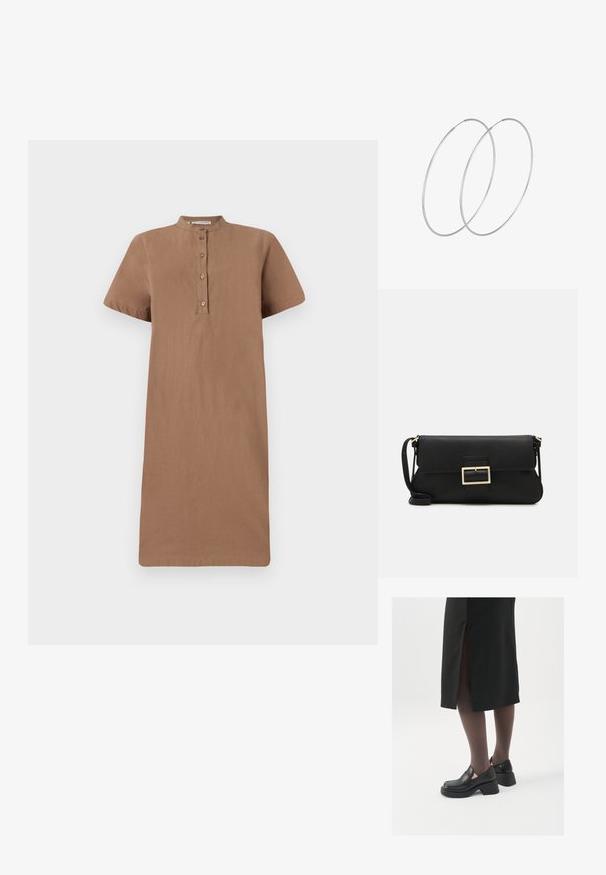 Pruun lühikeste varrukatega kleit, millel on kõrgema kaelusega, nööpidega esiosa ja sirge lõige. Valmistatud pehmest kangast, millel on sile ja tekstureerimata pind.; Mustad mustad jalatsid ümmarguse varbaga, paksu plokkniidi ja elastsete külgdetailidega, kombineeritud tumedate sukkade ja musta lõhikuga seelikuga.; Must haben musta nahkklahviga kott, millel on klapp ja kuldne metallist pandla detail. Kaasas must rihm ja stiilne, minimalistlik disain.; Hõbedased rõngastikkaehingad minimalistlikus disainis. Ümar kuju, sile tekstuur ja õhuke profiil. Kerged ning poleeritud viimistlusega.
