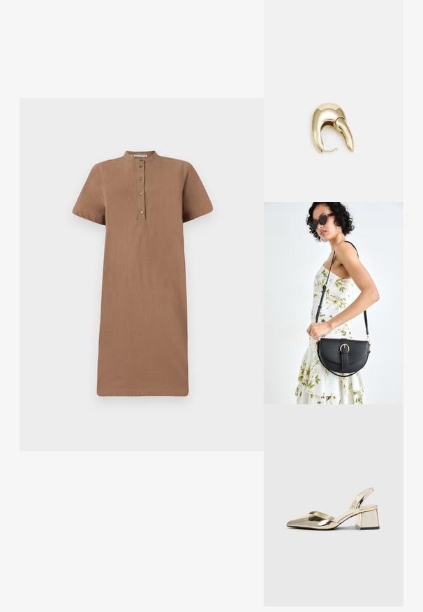 Ruda trumpa suknelė su standžiu apykakle, mygtukų užsegimu ir tiesiu siluetu. Pagaminta iš minkštos medžiagos, pasižymi lygiu, neapdorotu paviršiumi.; Auksiniai, metaliniai slingback aukštakulniai bateliai su smailiu pirštu ir masyviu kulnu. Lygus paviršius, minimalizmo dizainas ir siaura juostelė.; Juodas odinis krepšys su išlenkta forma, nuimamu dirželiu ir auksiniais detalėmis. Krepšys turi kilpą su sagtimi.; Aukso tono metalinės auskarai su stilingu, kreiviu dizainu. Išsiskiria ryškiu smailiu pavidalu, poliruota paviršiumi ir užsegimu su vyriu.