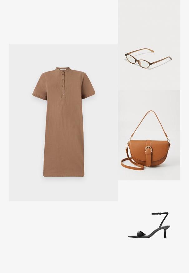 Brun kortärmad klänning med ståkrage, knäppning framtill och rak passform. Tillverkad av mjukt tyg med en slät, otexturerad yta.; Bershka Sandaletter - black; Bruna sköldpaddsformade glasögon med ovala linser, tunna skalmar och transparanta detaljer. Innehåller en diskret logotyp på bågen. Snygg, lätt design.; Brun läder crossbody-väska med en böjd form, gyllene detaljer och en spänneaccent. Har en avtagbar axelrem.