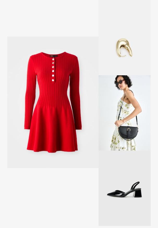 Červené úpletkové šaty s dlouhými rukávy, přiléhavým korzetem a rozšířenou sukní. Mají kulatý výstřih a pět bílých knoflíků vpředu.; Černé lakované kožené lodičky na pásku s špičatou špičkou a geometrickým blokovým podpatkem. Vyznačují se elegantním, minimalistickým designem a hladkým povrchem.; Černá kožená kabelka s křivkovým tvarem, odnímatelným popruhem a zlatými detaily. Kabelka má klopu s přezkou.; Náušnice ve zlatém tónu z kovu s elegantním zakřiveným designem. Vyznačují se jedinečným špičatým tvarem, lesklým povrchem a závěsem na kloub.