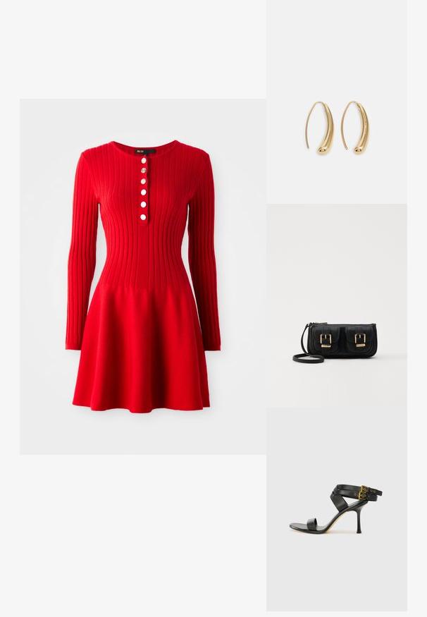 Sarkanais ribots adīts kleita ar garām piedurknēm, pieguļošu augšdaļu un izplatušu svārku. Ar apaļu kakla izgriezumu un pieciem baltiem pogām priekšpusē.; Melna augsta papēža sāndele ar krustotiem siksniņām un regulējamu sprādzi. Iespēlēts gluds tekstūra un pakāpenisks stiletto papēdis.; Melnas ādas crossbody soma ar divām priekšējām kabatām, zelta sprādzēm, ar rāvējslēdzēju aizdari un šauru siksnu. Strukturēta virsma un kompakta taisnstūra forma.; Zelta toņu metāla gredzena auskari ar izliektu, pagarinātu formu. Ar gludu, spīdīgu virsma un noapaļotu galu papildu detaļām.