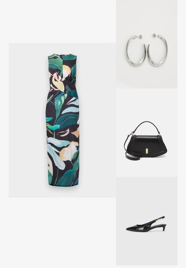 Mouwloze jurk met bloemenprint op een zwarte achtergrond. Beschikt over een gedraaide stofontwerp, levendige groene, roze en witte tinten, enkel-lange lengte.; Zwarte leren slingback hakken met een spitse neus, voorzien van een slanke hak en een goudkleurige accent op de verstelbare band. Gladde textuur.; Zwarte leren handtas met een gestructureerd ontwerp, featuring een verkorte vorm, bovenhandvat en gouden hardwareaccent. Inclusief verstelbare schouderband.; Zilveren oorringen met een gladde, gebogen vorm. Voorzien van een glanzende metallic afwerking en studsluiting. Geen zichtbare patronen of accenten.