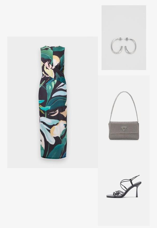 Kukkakuosiset hihattomat mekko mustalla taustalla. Ominaisuuksiin kuuluu kieppuva kangastyyli, kirkkaat vihreät, vaaleanpunaiset ja valkoiset sävyt, nilkkapituinen.; Mustat korkokengät sandaalit, joissa on ohuet hihnat solmittuna, sileä neliön muotoinen varvasosa ja tyylikäs stiletto-korko.; Vaalea harmaa metallinen käsilaukku, jossa on ketjusanka. Laukku on koristeltu pienillä pyöreillä metallikoruilla ja kolmion muotoisella brändilogolla.; Hopehopeet hopehopeet hopehopeet hopehopeet, jolla on sileä, kiiltävä pinta. Pyöreä muoto, kevyt rakenne, jossa on neulakiinnitys.