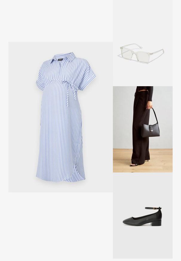 Vestido de maternidade às riscas azuis e brancas, mangas curtas, gola com colarinho, apresenta um laço na cintura, feito de um tecido suave com um corte descontraído.; Sandal de pele preta com bico pontiagudo e um salto bloco baixo. Apresenta uma tira no tornozelo com uma fivela em tom dourado. Textura suave.; Óculos quadrados de plástico transparente com lentes translúcidas, apresentando detalhes em dourado nas hastes.; Bolsa preta com forma estruturada, textura suave e um fecho metálico. Combinada com calças largas pretas e sandálias de salto aberto sobre um chão de madeira.