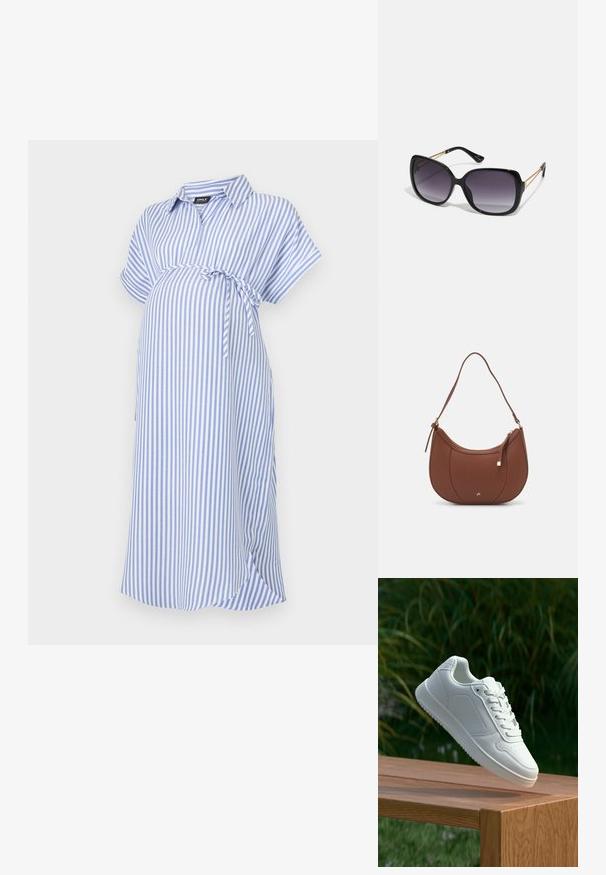 Blå og hvit stripete gravidkjole, korte ermer, kragehals, har belte i midjen, laget av myk stoff med avslappet passform.; Hvite sneakers med en glatt syntetisk overdel, perforert tåboks, flate snørebånd og en teksturert såle, vist på en treflate.; Sorte oversized solbriller med gradient linser, tykke rammer og detaljering med gulltonekjede på tempelarmene.; Brun kunstlæder skuldertaske med buet form, minimal syning og detaljer i guld-tonet hardware. Har en top lynlås lukning og justerbar rem.