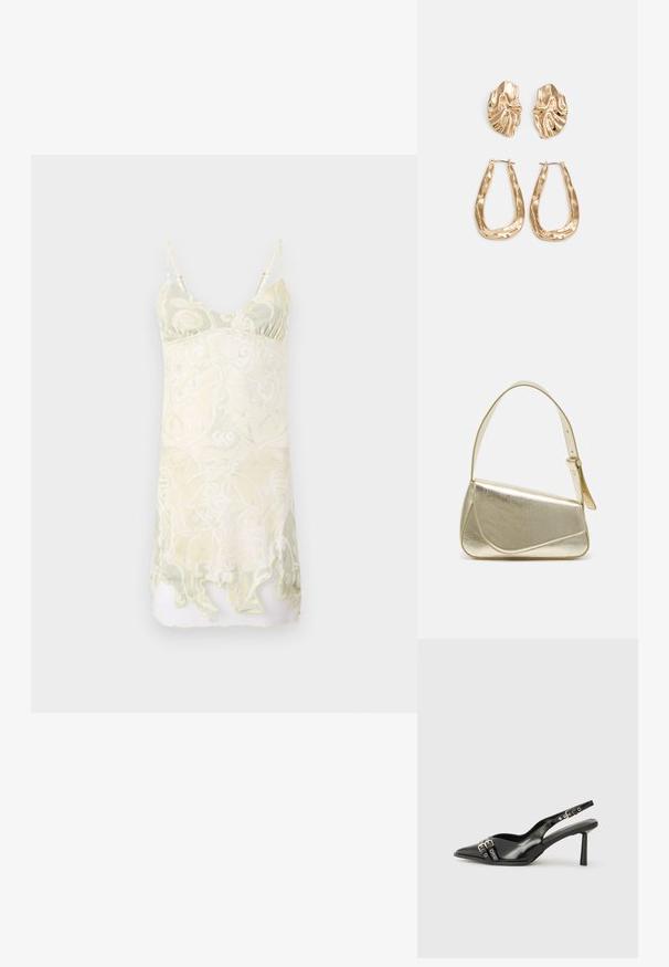 Ujj nélküli ruha pasztell sárga és zöld forgó mintával, könnyű anyagból, enyhe átlátszósággal és fodros szegéllyel.; Fekete lakk bőr, hegyes orrú slingback cipő, boka pántokkal, ezüst csatokkal és hardverelemekkel, valamint karcsú sarkú.; Arany fémes kézi táska, strukturált dizájnnal, sima felülettel és állítható pánttal. Egyedi háromszög alakú, minimalistának mondható varrásokkal rendelkezik.; Aranyszínű fülbevalók, texturált, hullámos formákkal. Tartalmazza a szobrászati klipszes studokat és az open hoop kialakítást, kalapácsos felülettel.