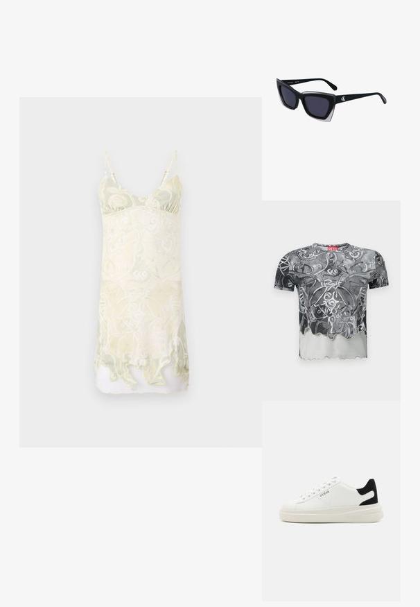 Ujj nélküli ruha pasztell sárga és zöld forgó mintával, könnyű anyagból, enyhe átlátszósággal és fodros szegéllyel.; Fekete és szürke rövid ujjú póló, absztrakt örvénylő mintával, fodros alsó széllel és piros címkével a nyakrésznél.; Fehér bőr sportcipők vastag fehér talppal, fekete velúr sarokpikkelyel és dombornyomott logóval az oldalon. Fűzős kialakítás, hat fűzőlyukkal.; Fekete, nagyméretű napszemüveg geometrikus formával, sötét lencsékkel és kontrasztos szürke részlettel a kereten. Logó a szárán.