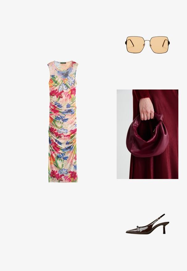 Blommig maxiklänning med ärmlös design, livliga färger, rynkad textur och en variation av stora, färgglada blommor på en ljus bakgrund.; Brun lackläder slingback-sko med spetsig tå, låg klack och en dekorerande rosett på framsidan. Slät, glansig yta.; Fyrkantiga solglasögon med bruna linser och en tunn svart metallram. Har vinklade skalmar och justerbara näsdelar för ökad komfort.; Burgundy läderhandväska med en mjuk, samlad design och rundad form. Handtaget är säkrat och visar en slät yta.