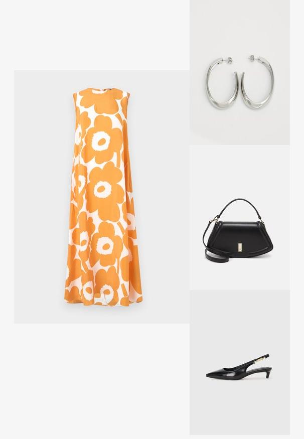 Hame sleeveta, ylin ja löysä, jossa on rohkea oranssi ja valkoinen kukkakuosi kevyestä kankaasta. Pyöreä kaula-aukko ja polven pituus.; Mustat nahkaiset slingback-korkokengät, joissa on terävä kärki, ohuet korot ja kultasävytteinen yksityiskohta säädettävässä hihnassa. Silkkinen pinta.; Mustalla nahkalaukulla, jossa on jämäkkä muotoilu, lyhyt malli, yläkahva ja kultaiset yksityiskohdat. Säädettävä olkahihna sisältyy.; Hope hopeista, joissa on sileä, kaareva muotoilu. Varustettu kiiltävällä metallipinnoitteella ja nappikiinnityksellä. Ei näkyviä kuvioita tai koristeluja.