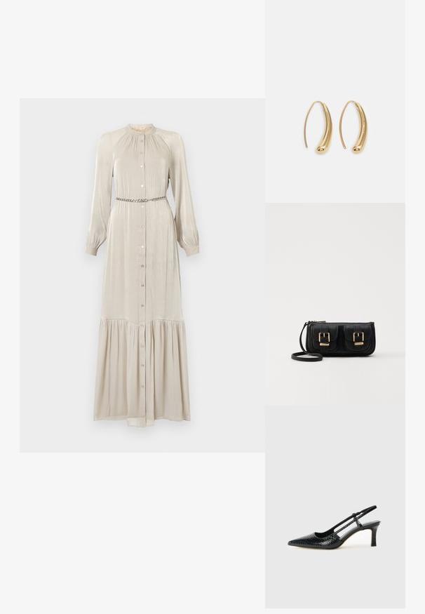 Lang beige kjole lavet af et skinnende stof, med en knaplukning foran, lange ærmer, samlet halsudskæring og en tiered kant. Inkluderer et metallisk bælte.; Sorte patent slingback hæl med spids tå, prydet med tekstureret slangeskindsmønster, justerbar rem og en kort, tekstureret blokhæl.; Sort læder crossbody taske med to frontlommer, guldspænder, lynlåslukning og en slank rem. Struktureret overflade og kompakt rektangulær form.; Guldfarvede metal hoops øreringe med en bøjet, forlænget form. Har en glat, skinnende overflade og en afrundet spids for ekstra detalje.