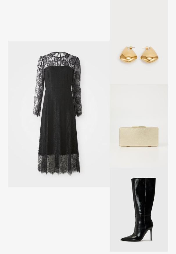 Melna mežģīņu kleita ar garām piedurknēm, piegulošu augšu un oderētu ziedu rakstu. Vidēja garuma ar viļņotu apakšmalu un atslēgas caurumu aizmugurē.; Melnas ādas zābaki līdz ceļiem ar smailu purngali un augstu stiletto papēdi. Gluda tekstūra un elegants dizains, ar minimālu dekoru.; Zelta naudas maciņš ar gludu metālisku apdari, taisnstūra forma un vienkārša aizdare. Nav redzamu rakstu vai rotājumu.; Zelta krāsas metāla auss gredzeni ar gludu, apaļu trīsstūra formu un āķa aizmuguri; atstarojoša virsma ar minimālu apdari.