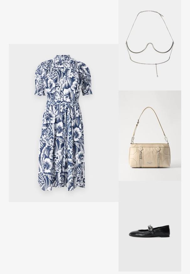 Ziedu kleita tumši zilā krāsā ar baltām hibisku un lapu rakstiem. Ar augstu kaklu, pūkainām piedurknēm un sānā sasietu jostu, lai pielāgotu fit.; Melnas ādas baleta kurpes ar smailu purngalu, ar siksniņu ar apaļu metāla sprādzi un platu zoli.; Bežs ādas rokassoma ar sudraba piederumiem, diviem sānu rāvējslēdzējiem, strukturētu dizainu un noņemamu siksnu daudzpusībai.; Cult Gaia ASHA BODY JEWELRY - Citi aksesuāri - bright shiny silver-coloured