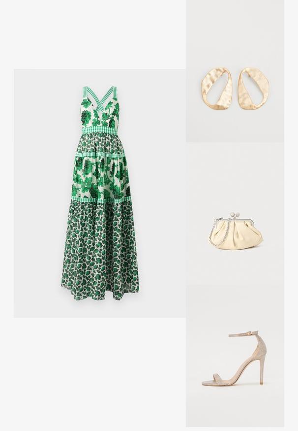 Rochie maxi verde cu flori, cu un bust ajustat, bretele crisscross, design cu straturi și accente în carouri. Fabricată dintr-un material ușor.; Sandale cu toc înalt, cu curelușe, de culoare aurie metalizată, având un toc texturat, vârful deschis și curea pe gleznă cu detalii din aur.; Clutch din piele plisată bej, cu un cadru din metal argintiu, având două închideri decorative rotunde și o curea din lanț argintiu.; O pereche de cercei din metal de culoare aurie, cu formă ovală neregulată, având o suprafață texturată, ușor ciocănită, pe un fundal alb.