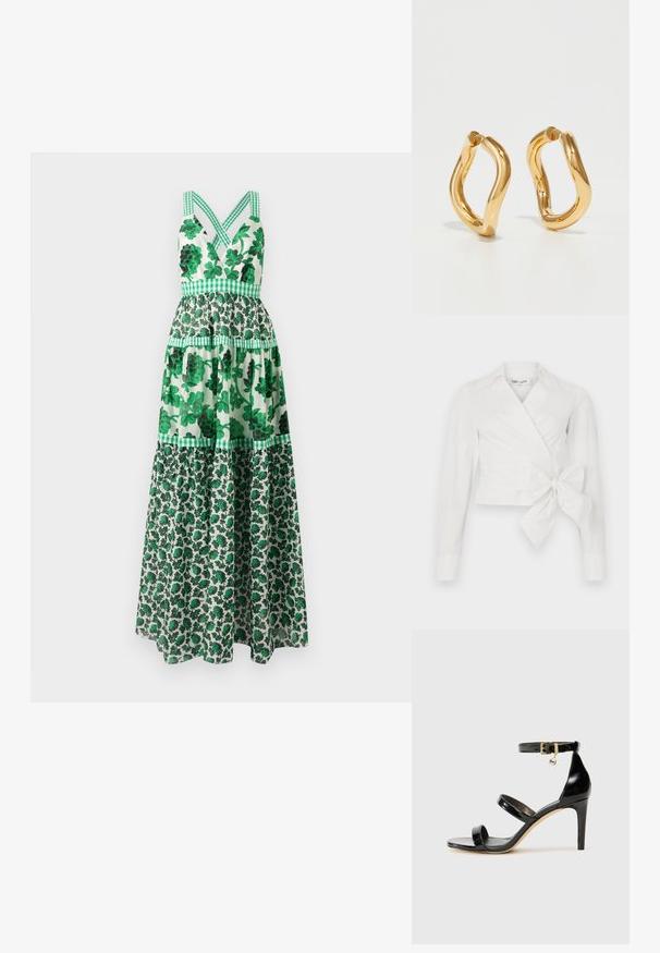 Žalia gėlėta maksi suknelė su prigludusia liemenėle, kryžminėmis petnešomis, sluoksniuota konstrukcija ir languotais akcentais. Pagaminta iš lengvo audinio.; Balta wrap tipo bluzelė su ilgomis rankovėmis, apykakle ir priekinėmis surišimo detalėmis. Pagaminta iš lygaus audinio su šiek tiek struktūrizuotu dizainu.; Juodas patentuotas odinis sandalai su trimis diržais, kulkšnies sagtimi ir 4 colių stiletto kulnu. Yra aukso detalės ir logotipo žavesys.; Auksinės spalvos lankinės auskarai su kreiviu, nereguliariu siluetu ir sklandžiu, blizgiu paviršiumi. Nėra matomų detalių ar akcentų.