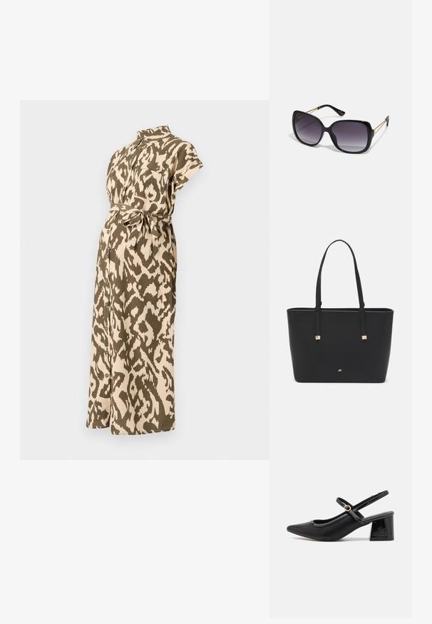 Dėvėti nėštumui skirtą suknelę, kuri yra smėlinės ir alyvuogių žalios spalvos gyvūnų raštu, su trumpomis rankovėmis, apykakle, dirželiu juosmens srityje ir sagstomais lankais.; Juodi patentinio odos slingback aukštakulniai su smailiu pirštu, apvaliu išpjovimu ir blokiniu kulnu. Papuošti auksiniu juostos akcentu.; Juodos didelės saulės akinių su pereinamais objektyvais, storomis rėmeliais ir auksinės spalvos grandinėmis ant šventyklų.; Juodas sintetinio pluošto rankinis krepšys, turintis paprastą stačiakampį dizainą, auksines kvadratines detales ir dvi rankenas.