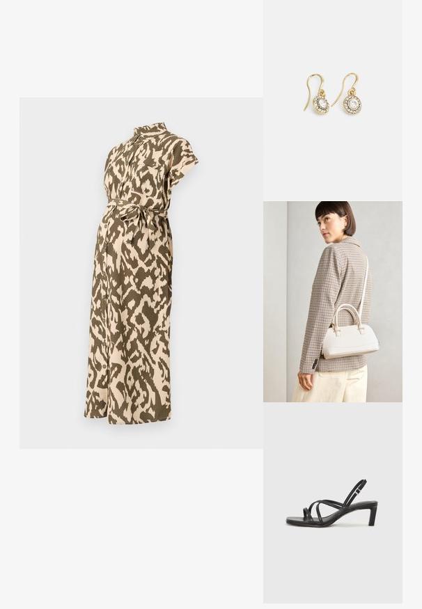 Dėvėti nėštumui skirtą suknelę, kuri yra smėlinės ir alyvuogių žalios spalvos gyvūnų raštu, su trumpomis rankovėmis, apykakle, dirželiu juosmens srityje ir sagstomais lankais.; Juodi šlepetės su kvadratiniu pirštu ir žemu bloku kulnu. Yra keli ploni dirželiai ir reguliuojamas kulkšnies diržas. Pagaminti iš lygios odos.; Balta struktūruota rankinė su trumpomis rankenomis ir peties diržu, su auksinėmis detalėmis ir tekstūruota medžiaga, pastatyta prieš pilką foną.; Aukso spalvos auskarai su ovalo formos skaidriais kristalais, apjuostais mažesniais skaidriais akmenukais, su kabliuko dizainu, užtikrinančiu saugų dėvėjimą.