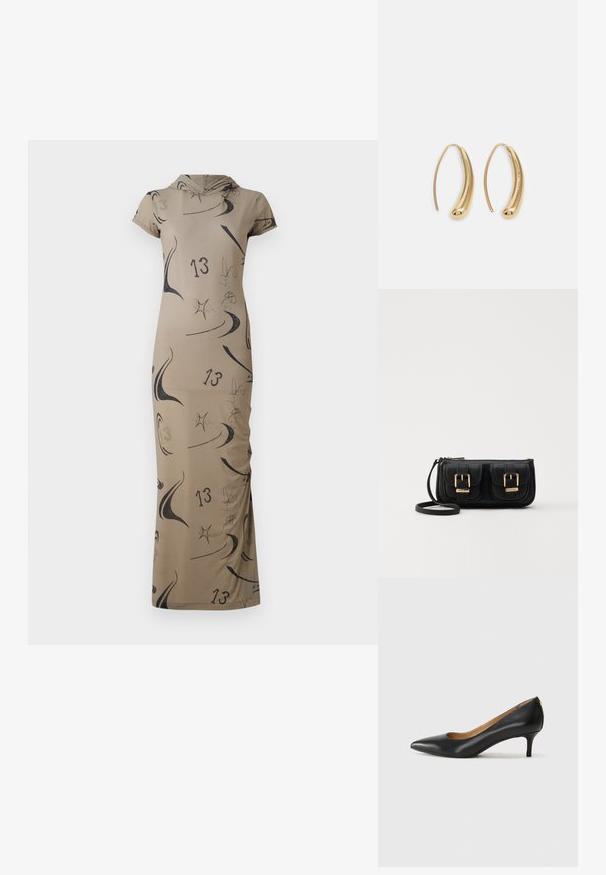 Ilga kremine suknelė su kapišonu, pasižyminti abstrakčiais juodais raštais ir skaičiumi 13. Prigludusi forma su trumpomis rankovėmis. Lygus audinys.; Juodos odinės aukštakulnės bateliai su smailiu nosiu, žemu kulnu ir lygiu paviršiumi. Priekyje yra nedidelis atvirumas, o gale minimalus apdaila.; Juodas odinis per petį nešiojamas krepšys su dviem priekiniais kišenėmis, auksiniais sagtimis, užtrauktuko uždarymu ir siauromis petnešomis. Textūruota paviršius ir kompaktiškas stačiakampis formatas.; Auksinės metalinės auskarų kabės su lenktą, pailgą forma. Turi lygų, blizgantį paviršių ir užapvalintą galiuką papildomam akcentui.