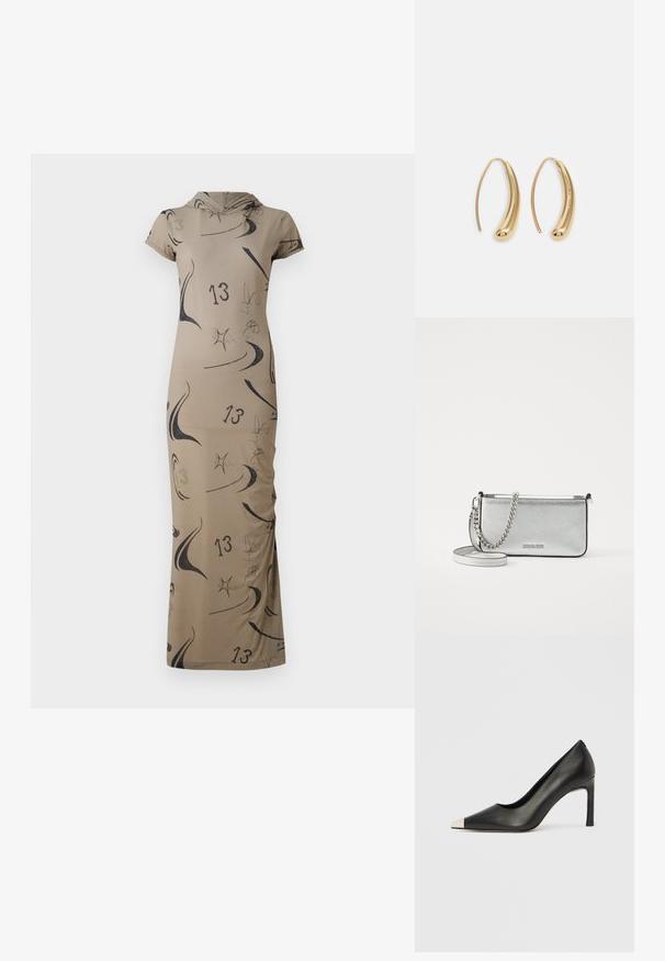 Długa beżowa sukienka z kapturem, z abstrakcyjnymi czarnymi wzorami i numerem 13. Dopasowany krój z krótkimi rękawami. Gładka tekstura.; Czarny skórzany but na wysokim obcasie z ostrym noskiem i metaliczną srebrną nasadką. Posiada gładkie wykończenie i smukły obcas o wysokości 10 cm.; Srebrna skórzana torebka na ramię z teksturowanym wykończeniem, akcentami w postaci łańcucha i paska, oraz zamknięciem na zamek. Z przodu znajduje się logo.; Złote metalowe kolczyki w kształcie obręczy o zakrzywionym, wydłużonym kształcie. Posiadają gładką, błyszczącą powierzchnię oraz zaokrąglony koniec dla dodatkowego efektu.
