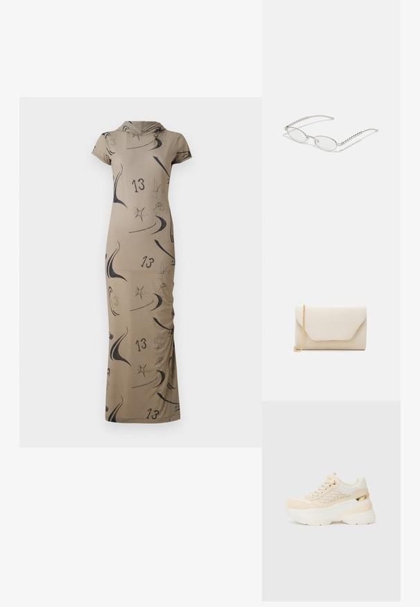 Długa beżowa sukienka z kapturem, z abstrakcyjnymi czarnymi wzorami i numerem 13. Dopasowany krój z krótkimi rękawami. Gładka tekstura.; Lekki sneaker o mieszanym materiale, w odcieniach beżu i bieli, z teksturowanym wierzchem i złotymi akcentami na pięcie.; Owalne okulary z metaliczną srebrną ramą, przezroczystymi soczewkami oraz teksturowanymi akcentami na zausznikach w formie koralików. Lekka konstrukcja z wygiętymi ramionami.; Beżowa torebka kopertówka o gładkiej fakturze, ze złotym łańcuszkiem i klapą w stylu koperty z kontrastującym złotym wykończeniem.