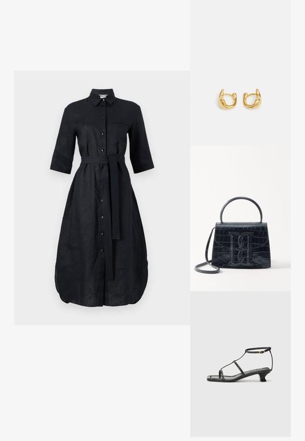 Mustast linast kleit lühikeste käistega, nööpides disain, ees tasku ja sama kangast vöö. Keskel lõhk hemline'is.; Must värviline nahk sandaal ruudukujulise varbaga, õhukeste rihmadega, kohandatava pahkluu rihmaga ja madala kandaga. Rihmal on väike kuldne aktsent.; Must musta krokodillimustriga nahast käekott, millel on struktureeritud disain, ülemine käepide, reguleeritav rihm ja silmapaistev esiküljel logo detail.; Kuldsete rõngaste kõrvarõngad, millel on sile, ümar disain ja poleeritud pind. Kõrvarõngad on kompaktsed, suurte vormide ja sujuva klambriga.