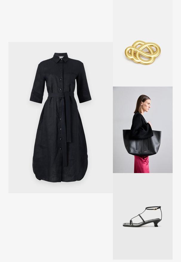 Juoda lininė suknelė su trumpomis rankovėmis, mygtukų užsegimo dizainas, priekinė kišenė ir atitinkamo audinio diržas. Centriniame siūle yra skeltukas.; Juodas odinis sandalai su kvadratiniu pirštu, plonomis dirželiais, reguliuojamu kulkšnies dirželiu ir žemu kulnu. Yra nedidelis aukso akcentas ant dirželio.; Juodas odinis rankinės modelis su tekstūruotu paviršiumi, turintis dvi vertikalias linijas, dvi petinių dirželių poras ir minimalistinį dizainą.; Aukso tono sagė, pasižyminti mazgo dizainu su glotniais, kreivais linijomis ir sudėtinga forma, atspindinčia poliruotą paviršių.