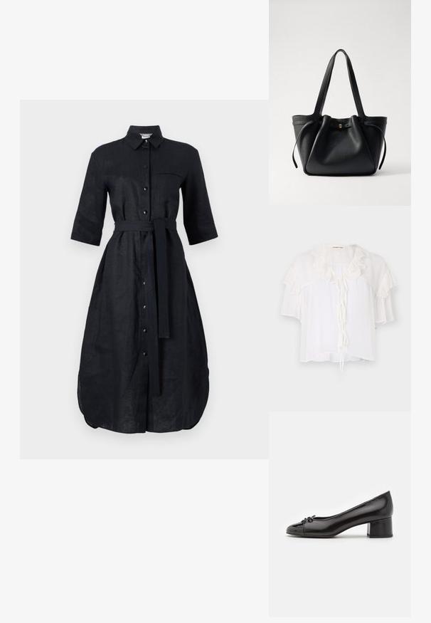Rochie din in negru, cu mâneci scurte, design cu nasturi, buzunar frontal și curea din același material. Fisură centrală la marginea de jos.; Bluză albă cu mâneci scurte, confecționată dintr-un material ușor, având detalii cu volane în jurul gâtului și mânecilor. Se leagă în față.; Pantofii din piele lacuită neagră, cu vârful rotunjit, detaliu cu fundiță mică în față și toc mic pătrat. Textură netedă pe întreaga suprafață.; Geantă tote din piele neagră, cu două bretele lungi, un vârf strâns și un accent circular auriu. Textură netedă cu un design minimalist.