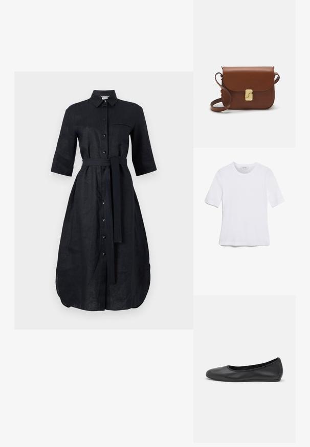 Rochie din in negru, cu mâneci scurte, design cu nasturi, buzunar frontal și curea din același material. Fisură centrală la marginea de jos.; Tricou alb cu mânecă scurtă, confectionat dintr-un material texturat. Gât rotund, tăietură regulară și detalii subtile de cusătură. Fără modele sau grafice.; Balerini din piele neagră, cu vârf rotund, textură netedă, detalii de cusătură minimale și un design al tălpii flexibil.; Geantă de piele maro cu închidere tip capac, accesorii de culoare aurie, curea de umăr și o textură netedă. Formă compactă și rectangulară.