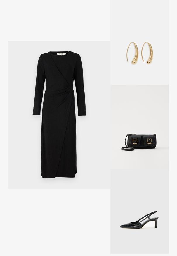 Robe noire à manches longues avec un design enroulé et un détail de nœud torsadé à la taille. Fabriquée en tissu doux et texturé avec une coupe mi-longue.; Escarpin slingback en vernis noir avec un bout pointu, présentant un imprimé serpent texturé, une sangle réglable et un petit talon bloc texturé.; Sac en cuir noir porté en travers avec deux poches avant, boucles dorées, fermeture zippée et une sangle fine. Surface texturée et forme rectangulaire compacte.; Boucles d'oreilles en métal doré en forme d'anneau, avec une forme courbée et allongée. Elles présentent une surface lisse et brillante avec une pointe arrondie pour un détail supplémentaire.