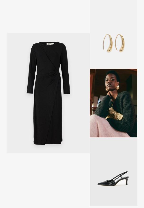 Fekete, hosszú ujjú ruha, amely vonalas kialakítással és csavart csomó részlettel rendelkezik a deréknál. Puha, texturált anyagból készült, közepes hosszúságú fazon.; Fekete lakk slingback sarok, hegyes orral, texturált kígyómintával, állítható pánttal és rövid, texturált tömbsarkal.; Loeffler Randall PLEATED FRAME WITH BOW - Alkalmi kézitáska - gold-coloured; Aranyszínű fémből készült karika fülbevalók ívelt, hosszúkás formával. Simaságával és fényes felületével, valamint lekerekített végével további részletekkel bővül.