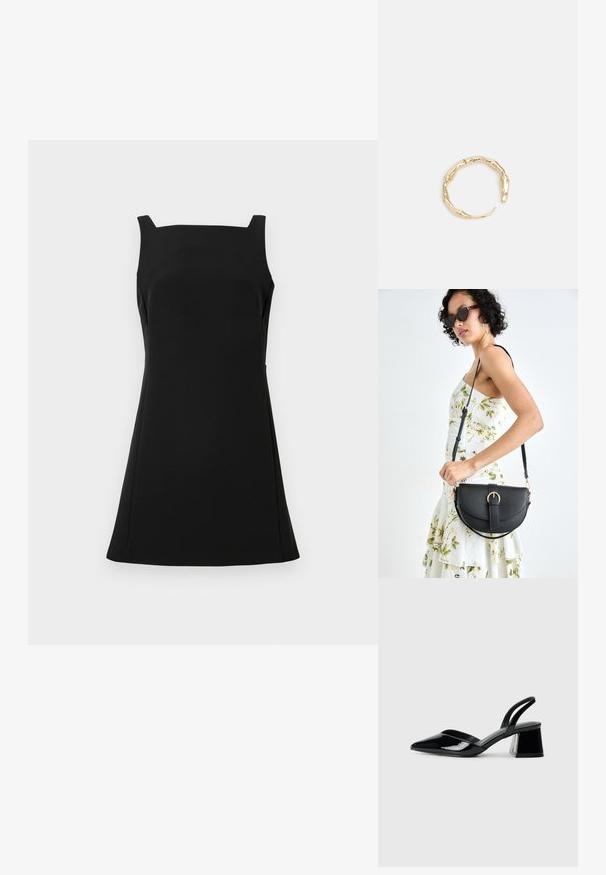Čierne bezrukávové šaty so štvorcovým výstrihom, priliehavým telom a rozšírenou sukňou. Vyrobené z hladkej tkaniny s minimalistickým dizajnom.; Čierne lakované kožené sandálové podpätky s špicatou špičkou a geometrickým blokovým podpätkom. Disponujú elegantným, minimalistickým dizajnom a hladkým povrchom.; Čierna kožená kabelka s zaobleným tvarom, odnímateľným popruhom a zlatými doplnkami. Kabelka má klopu s detailom s prackou.; Prsteň v zlatej farbe s organickým, skrúteným dizajnom, hladkým povrchom a zužujúcimi sa koncami, vytvárajúci moderný, sochársky vzhľad.