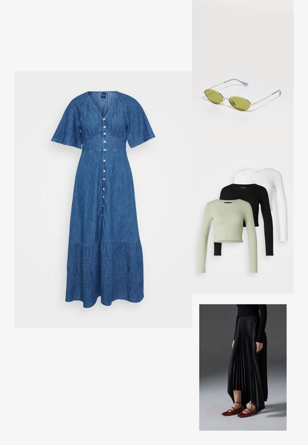 Rochie maxi din denim cu mâneci scurte, evazate, decolteu în V, închidere cu nasturi în față și detaliu cu volane în trepte la tiv. De culoare albastră, cu o textură moale.; Even&Odd Petite 3 PACK - Bluză cu mânecă lungă - black/white/light green; Fustă pliată neagră cu un tiv înalt-jos, asortată cu balerini roșii strălucitori cu un design cu curea. Tesătura are o textură netedă.; Ochelari de soare verde măsliniu cu o ramă subțire aurie și brațe cu accente albastre. Lentile ovale și design minimalist.