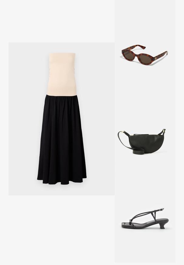 Bezramenné maxi šaty s těsným béžovým topem a splývavou černou sukní. Hladká tkanina s nařaseným pasem pro splývání a pohyb.; Černé kožené sandály s tenkými pásky, nízkým blokovým podpatkem a čtveratou špičkou. Obsahují přezku a mají hladkou texturu.; Kočičí sluneční brýle s kulatými rámy, tmavými skly a zlatým logem na stranách. Hladký plastový materiál, bez viditelných vzorů.; Černá kožená taška přes rameno ve tvaru půlměsíce, texturovaný povrch, zlatý zip a plochý popruh. Kompaktní design vhodný pro nezbytnosti.