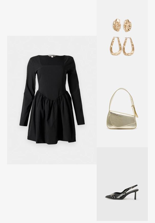 Svart långärmad klänning med fyrkantig halsringning, figurnära liv och rynkad kjol. Tillverkad av mjukt material med en slät yta.; Svart lackläder slingbacksko med spetsig tå, ankelremmar med silverfärgade spännen och detaljer samt en smal klack.; Guldfärgad metallhandväska med en strukturerad design, slät textur och justerbar rem. Har en unik triangulär form och minimalistisk sömnad.; Örhängen i guldton med texturerade, vågiga former. Inkluderar skulpturala clip-on-stift och öppen hoop-design med hamrad finish.