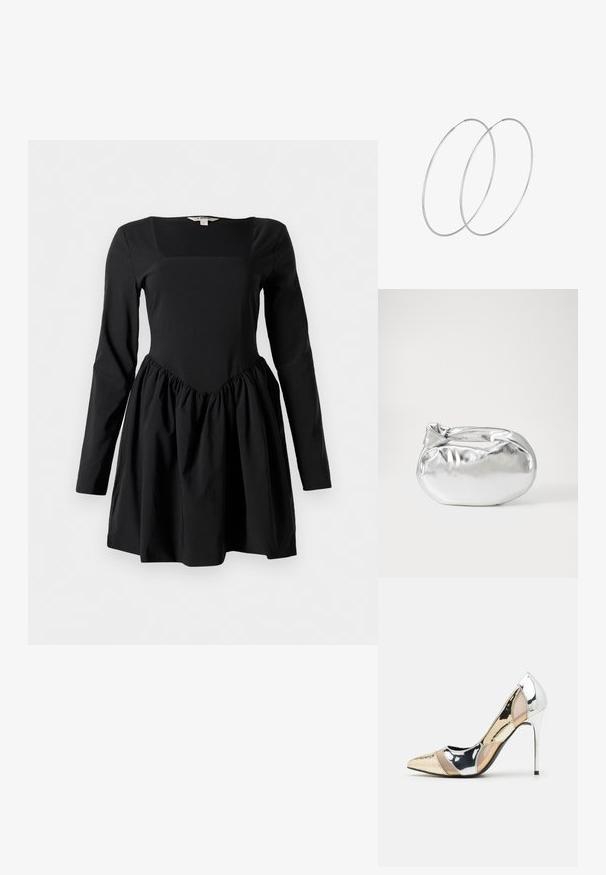 Juoda ilga suknele su keturkampiu iškirpimu, prigludusia liemenėle ir rauktu sijonu. Pagaminta iš švelnios medžiagos su lygiu paviršiumi.; Aštrus pirštas aukštakulnis batelis su sidabro, aukso ir nuogų spalvų deriniu. Blizgus paviršius su išpjovos dizainu, su stiletto kulnu.; Sidabrinė metalinė maišelio forma su švelnia, apvalia forma ir mazgu užveriamu viršumi. Pagaminta iš lygios dirbtinės odos medžiagos.; Sidabrinės pusmėnulio auskarai minimalistiniu dizainu. Apskritimo forma, lygus paviršius ir plonas profilis. Lengvi su poliruotu apdailu.