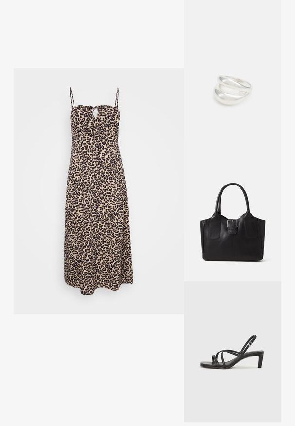 Maksiduga s uzorkom leoparda s tankim naramenicama, s detaljem u obliku ključa na dekolteu. Izrađena od mekog materijala s lepršavim siluetom.; Crne sandale s trakama, kvadratnim prstom i niskom blok petom. Ima više tankih trakica i podesivu trakicu oko gležnja. Izrađene su od glatke kože.; Crna kožna torba za nošenje s glatkom teksturom, strukturiranim oblikom, dvije ručke i istaknutim srebrnim kopčanjem na prednjoj strani.; Srebrna dvostruka prsten s glatkom, poliranom površinom. Karakterizira ga fluidan, zakrivljen dizajn s preklapajućim sekcijama za moderan izgled.