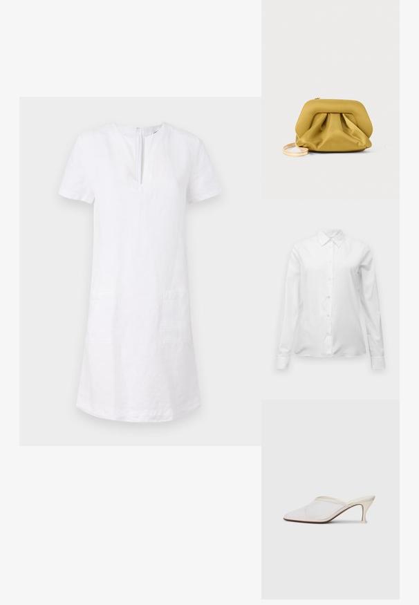 ASPESI ABITO - Hverdagskjole - white; Hvid skjorte med lange ærmer og knapper, med spids krave, skræddersyet pasform og manchetter, præsenteret mod en neutral hvid baggrund.; Hvide mesh spidse mule-sko med en slank hæl i mellem højde og slip-on design mod en ensfarvet baggrund.; Gul, blødt tekstureret clutchtaske med en struktureret top, samlet bund og en tynd, aftagelig rem. Lynlås-lukning øverst.